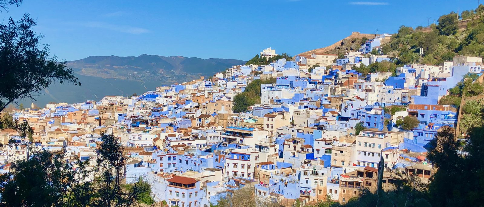 The blue city of Chefchaouen spread across a hillside below the Rif Mountains